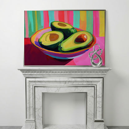 Avocado Pop Art Canvas for Modern Kitchens in silver floating frame