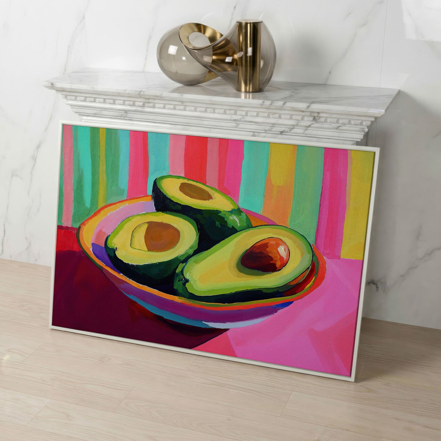 Avocado Pop Art Canvas for Modern Kitchens in white floating frame