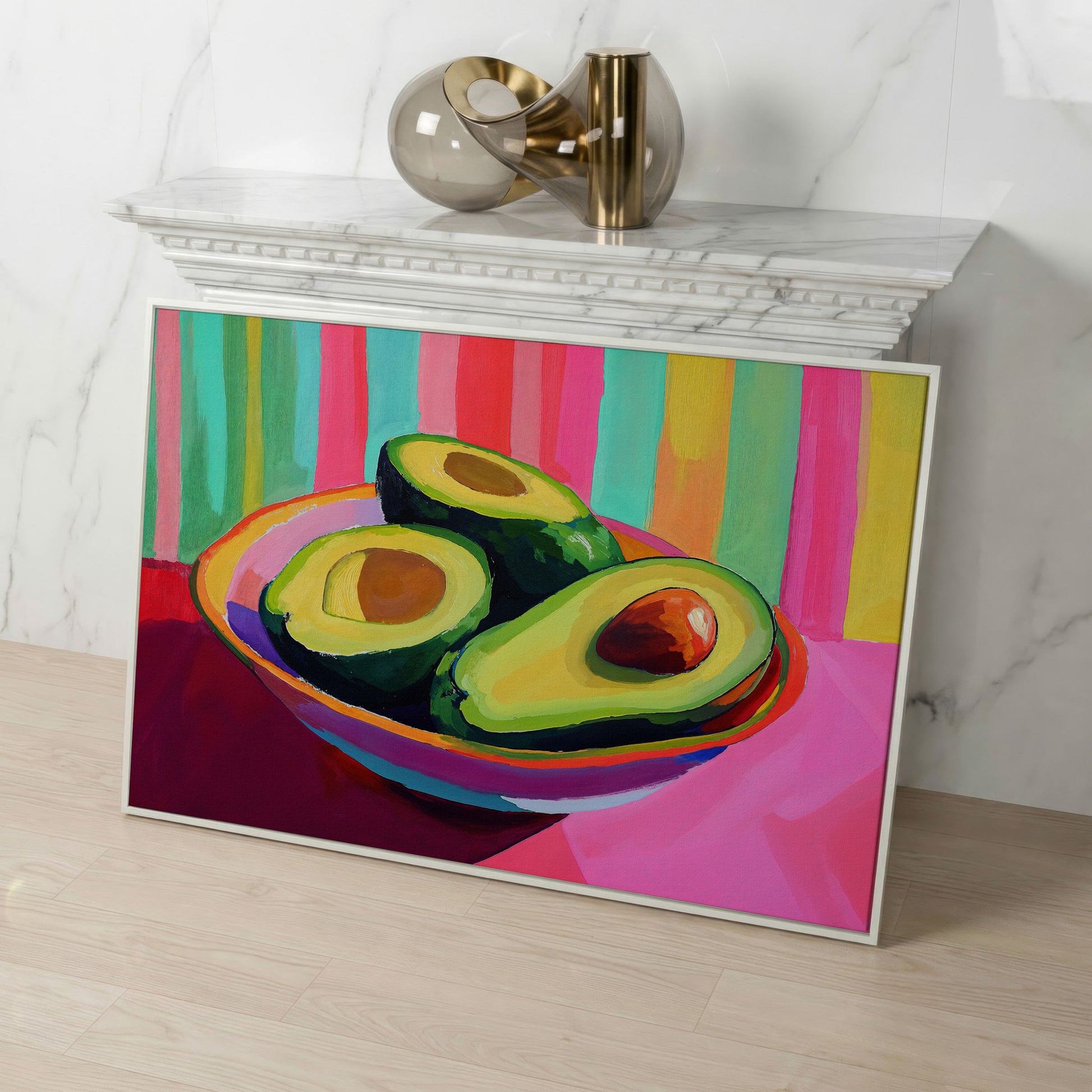 Avocado Pop Art Canvas for Modern Kitchens in white floating frame