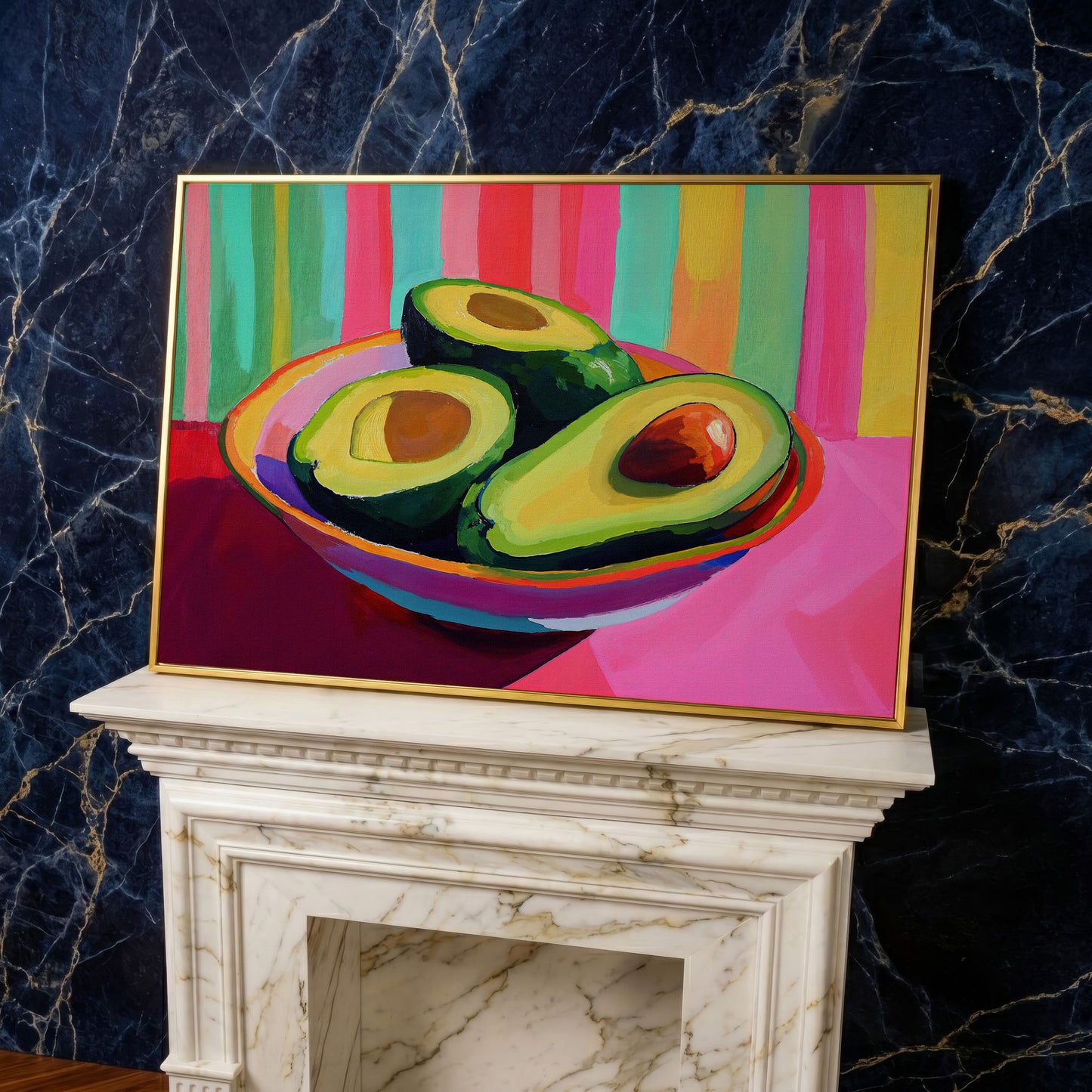 Avocado Pop Art Canvas for Modern Kitchens in yellow gold floating frame