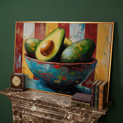 Contemporary Avocado Bowl Canvas Print in antique gold floating frame