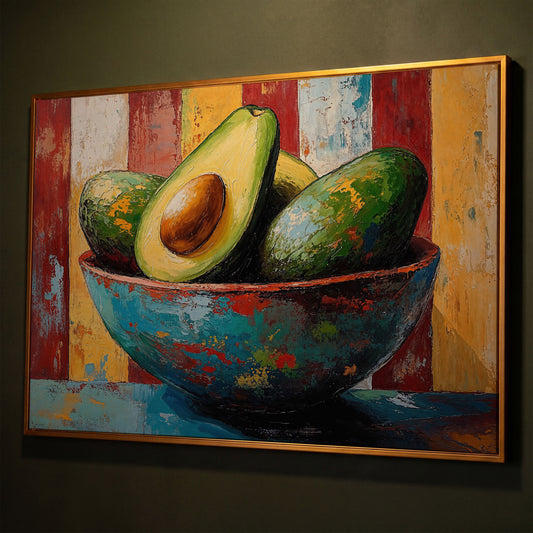 Contemporary Avocado Bowl Canvas Print shown in antique gold floating frame