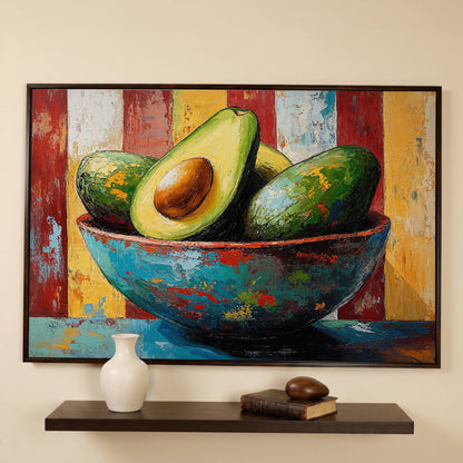Contemporary Avocado Bowl Canvas Print in dark walnut floating frame