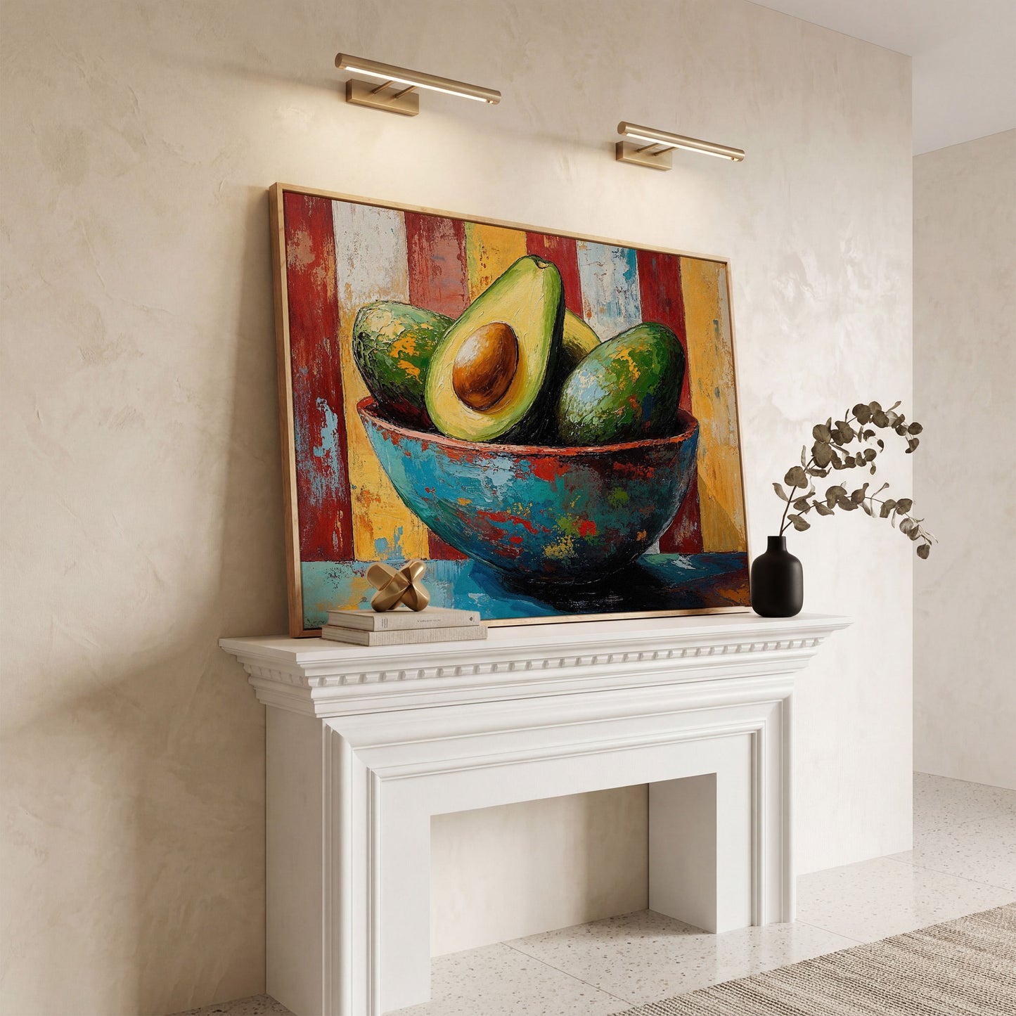 Contemporary Avocado Bowl Canvas Print in white oak floating frame