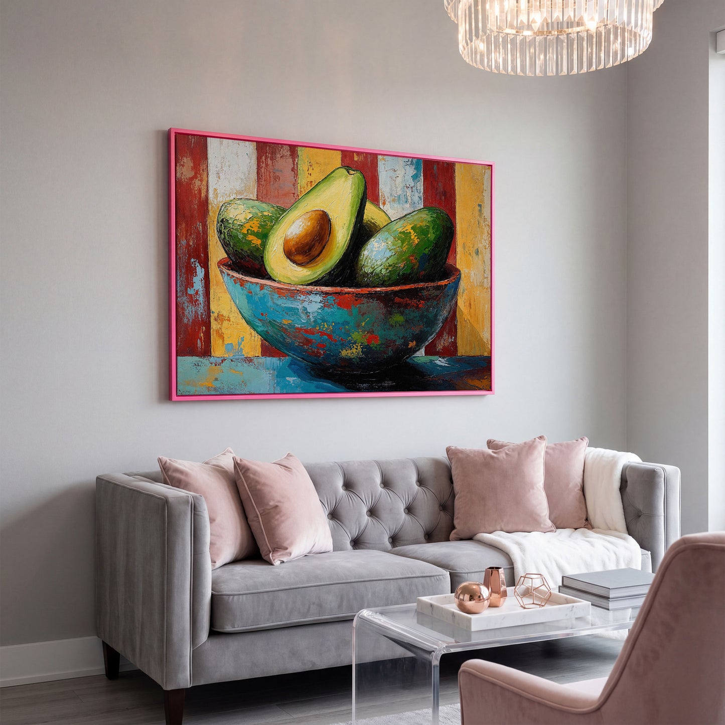 Contemporary Avocado Bowl Canvas Print in pink floating frame