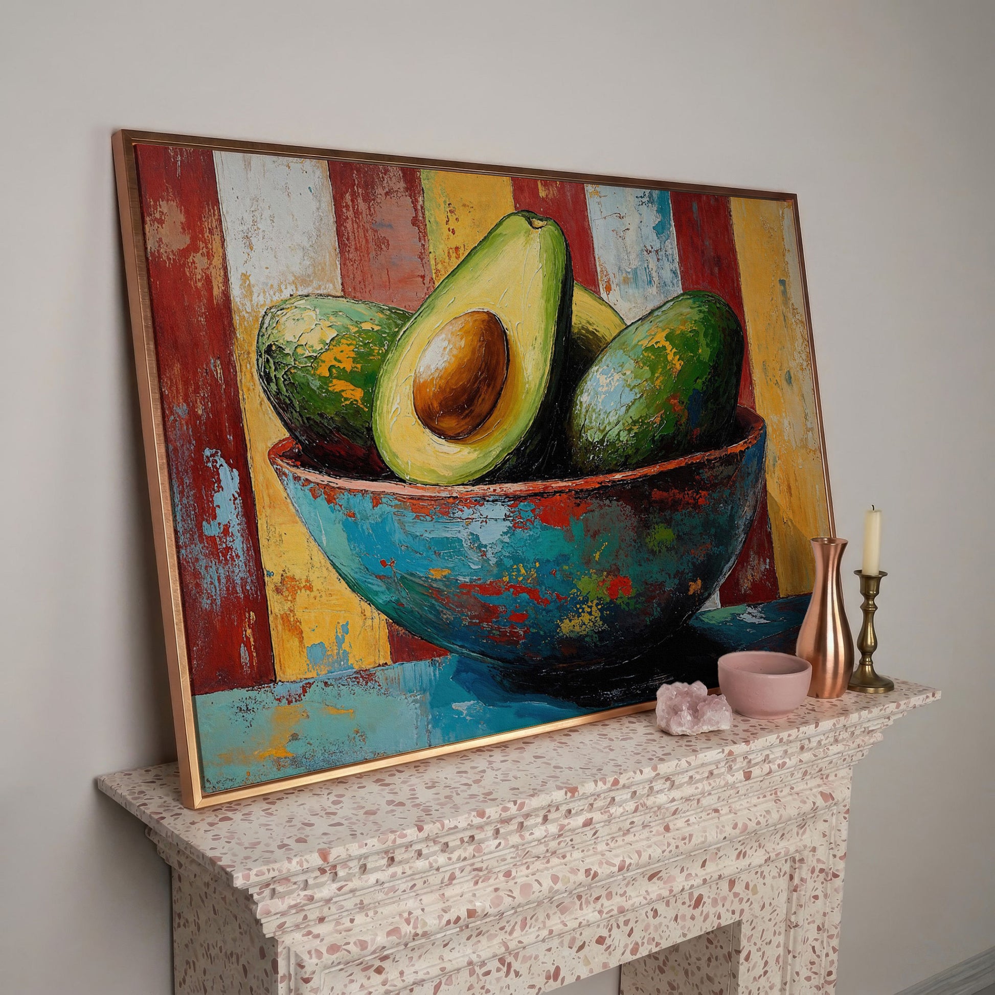 Contemporary Avocado Bowl Canvas Print in rose gold floating frame