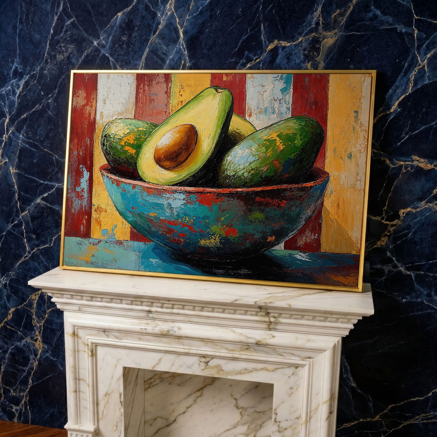 Contemporary Avocado Bowl Canvas Print in yellow gold floating frame