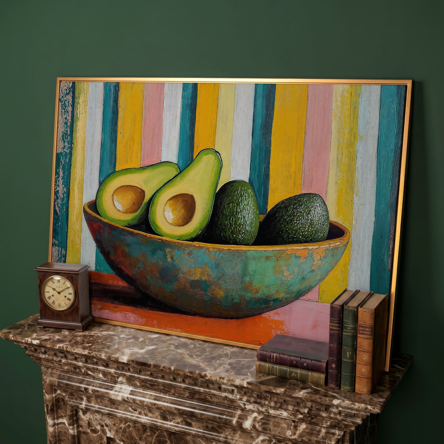 Avocado in Bowl Canvas Print for Modern Kitchens in antique gold floating frame