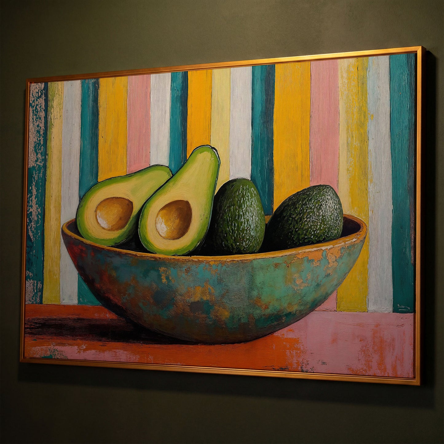 Avocado in Bowl Canvas Print for Modern Kitchens shown in antique gold floating frame