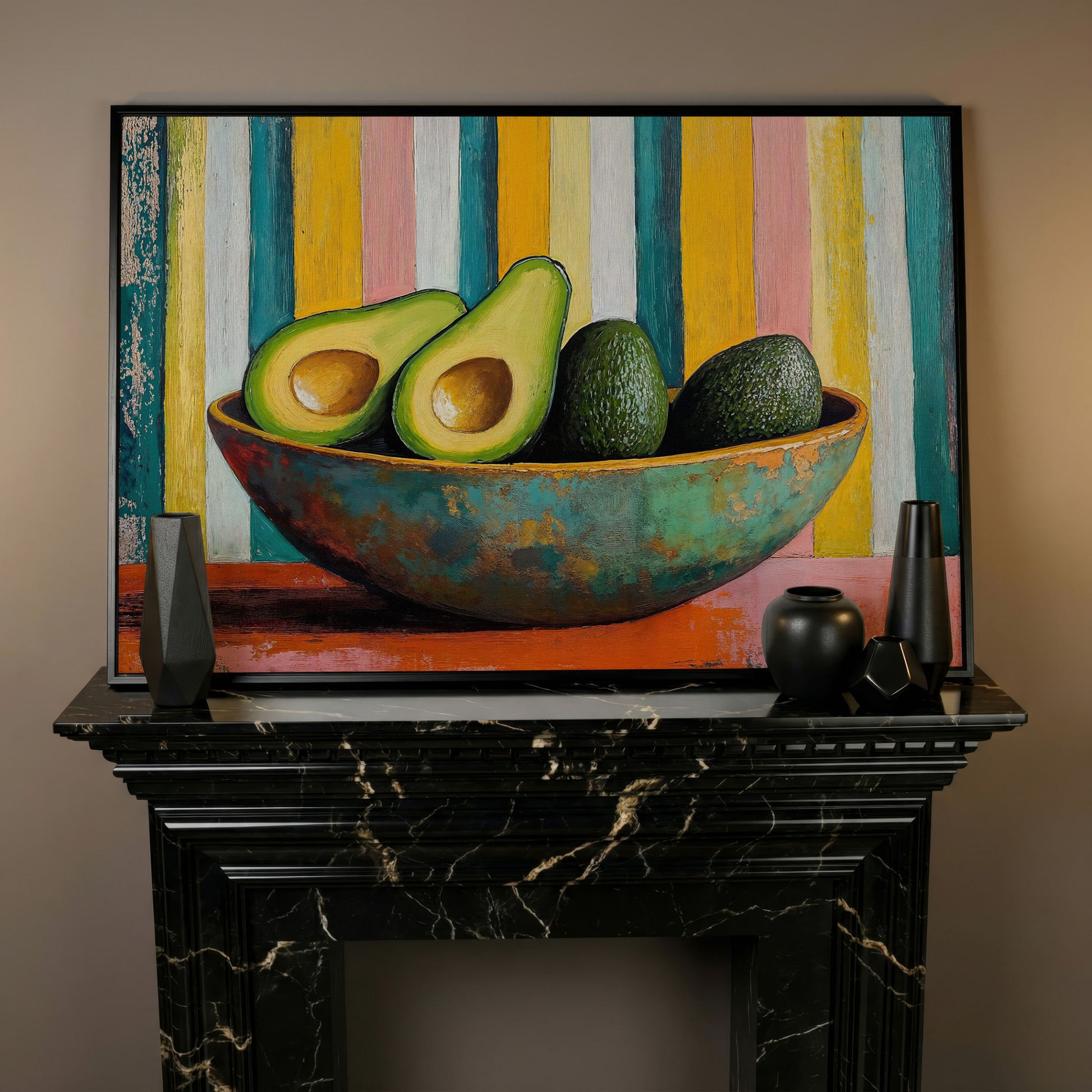 Avocado in Bowl Canvas Print for Modern Kitchens in black floating frame