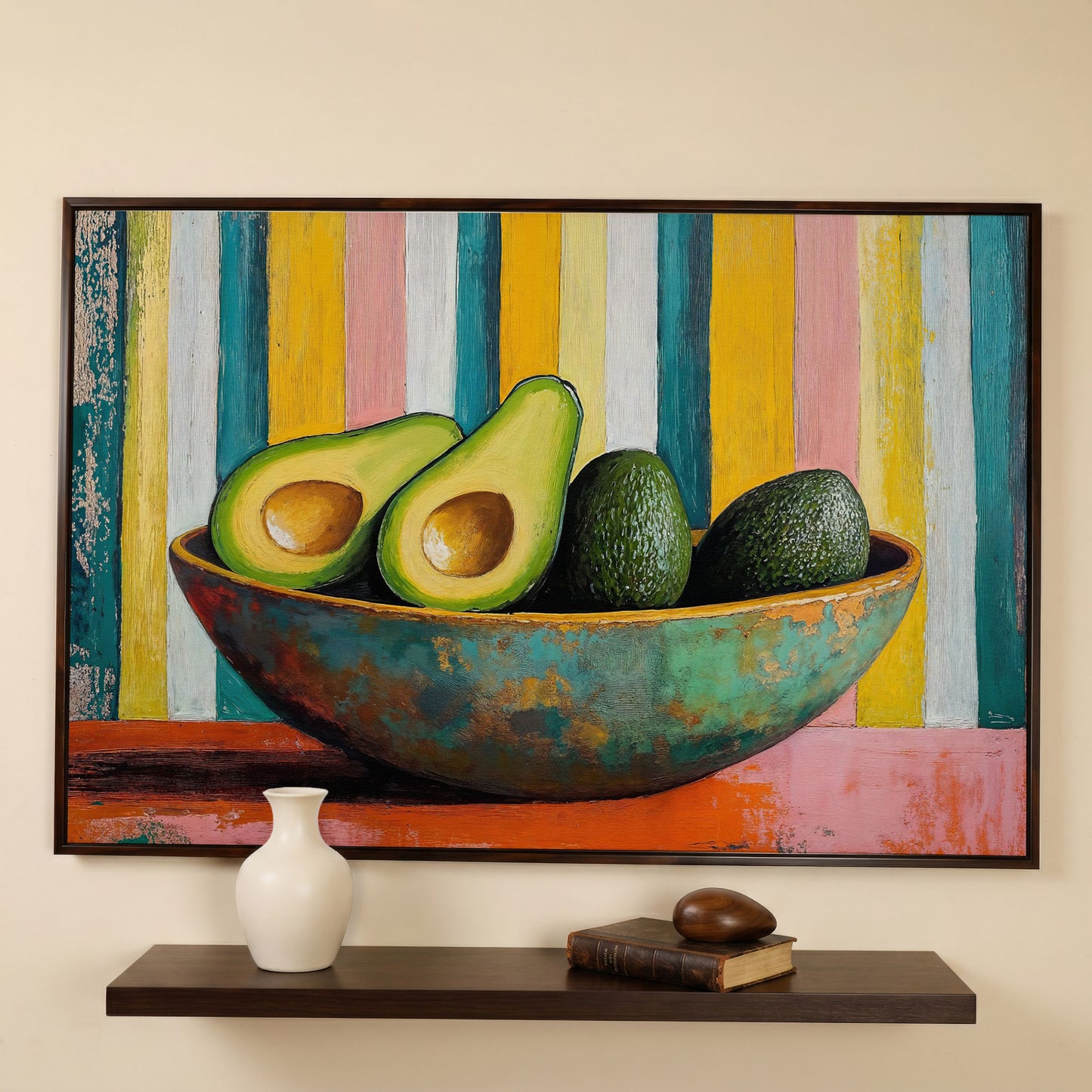 Avocado in Bowl Canvas Print for Modern Kitchens in dark walnut floating frame