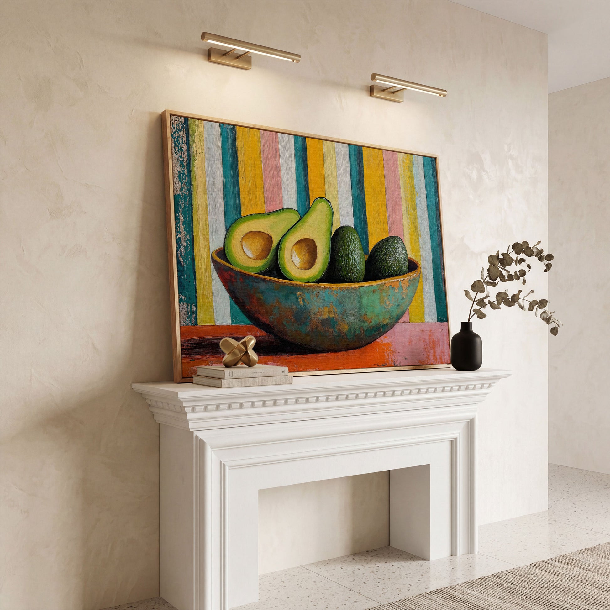 Avocado in Bowl Canvas Print for Modern Kitchens in white oak floating frame