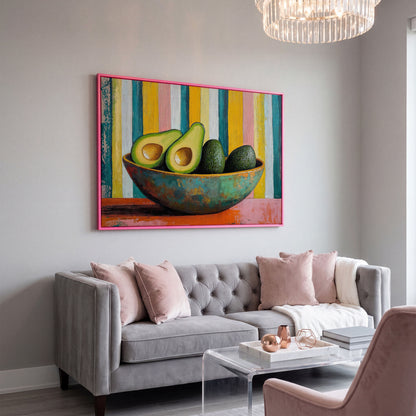 Avocado in Bowl Canvas Print for Modern Kitchens in pink floating frame