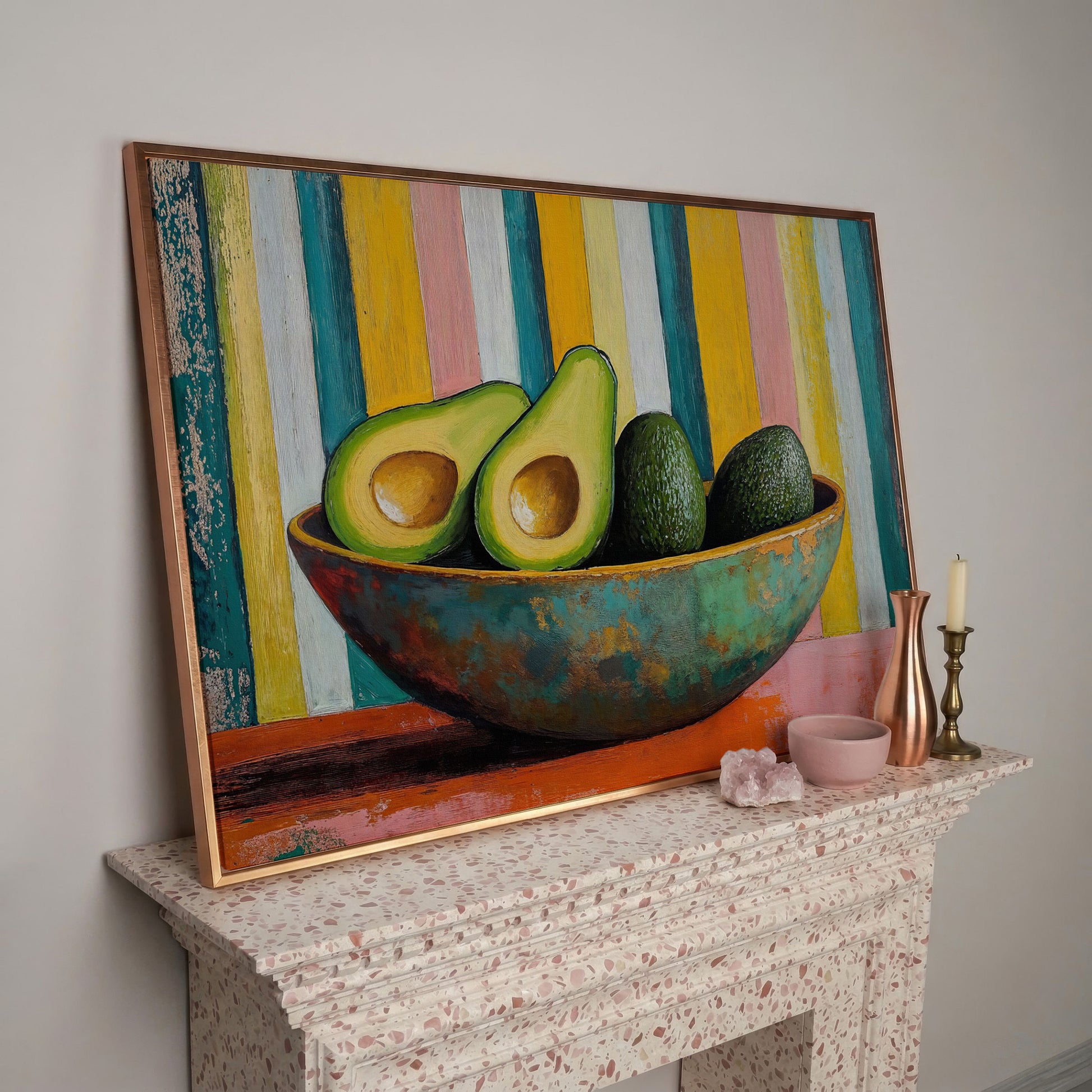 Avocado in Bowl Canvas Print for Modern Kitchens in rose gold floating frame