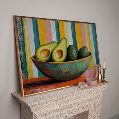 Avocado in Bowl Canvas Print for Modern Kitchens in rose gold floating frame