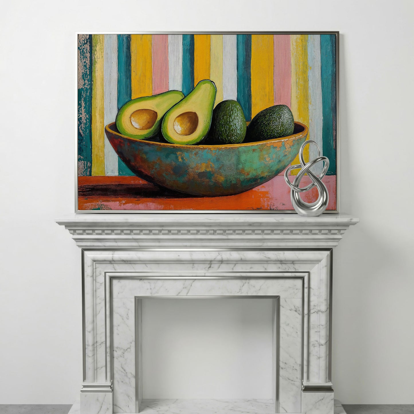 Avocado in Bowl Canvas Print for Modern Kitchens in silver floating frame