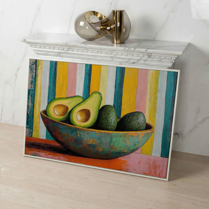 Avocado in Bowl Canvas Print for Modern Kitchens in white floating frame