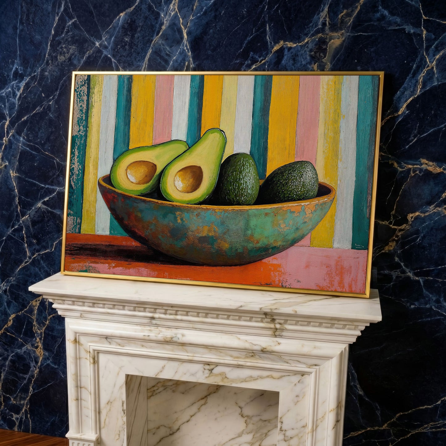 Avocado in Bowl Canvas Print for Modern Kitchens in yellow gold floating frame