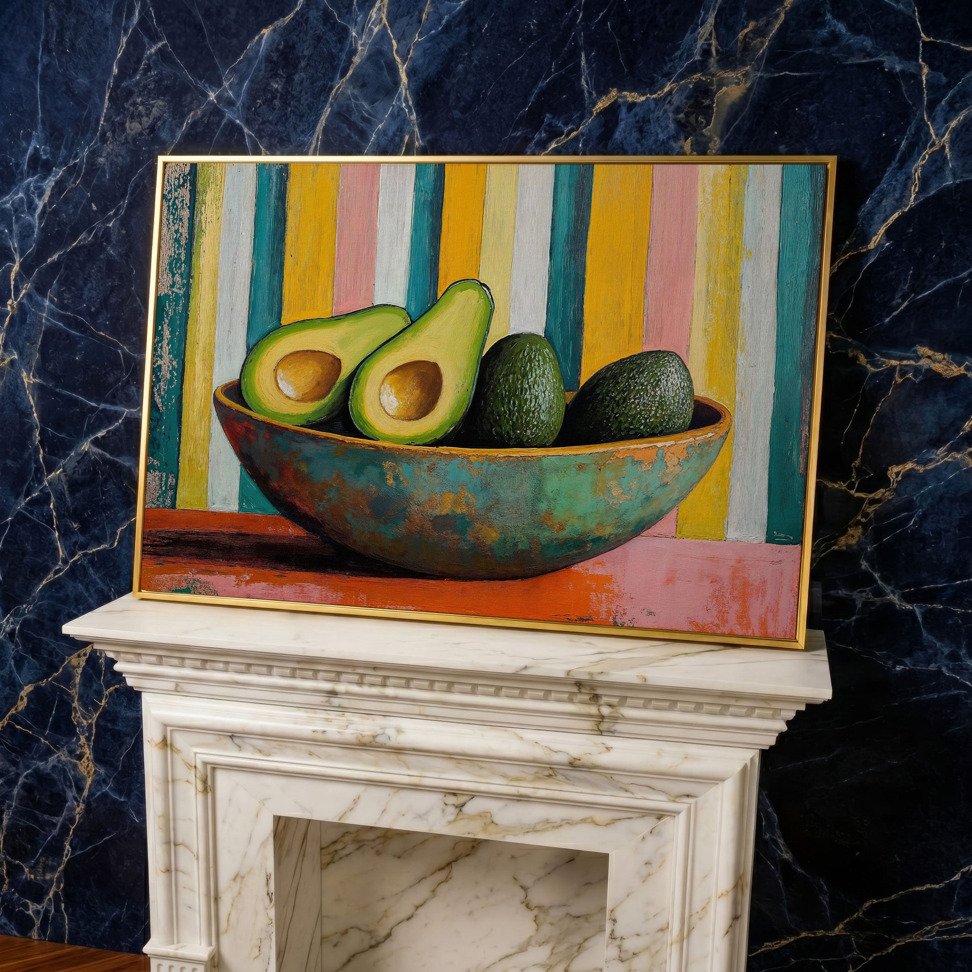 Avocado in Bowl Canvas Print for Modern Kitchens in yellow gold floating frame