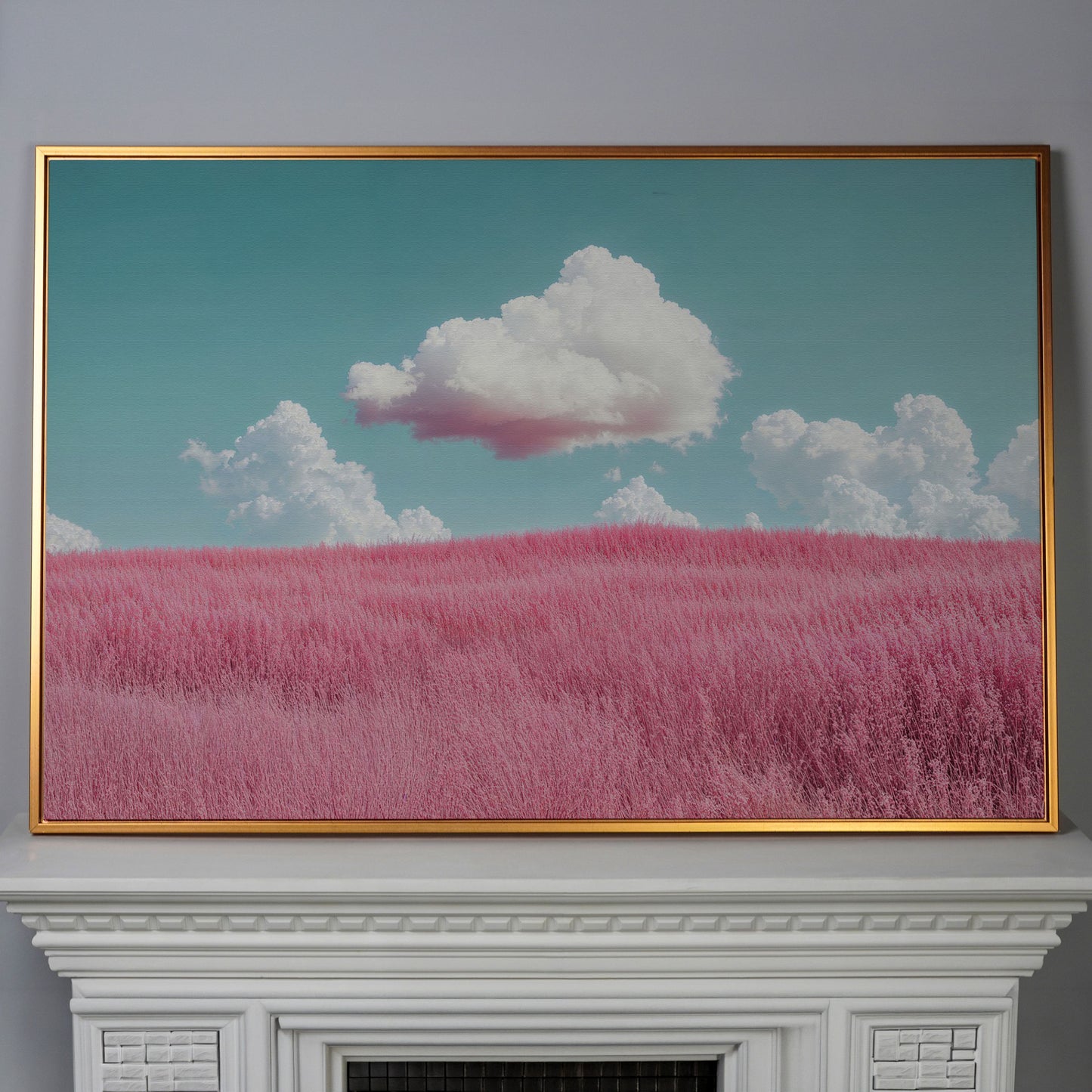 Pink Field Canvas with Pastel Teal Sky in antique gold floating frame