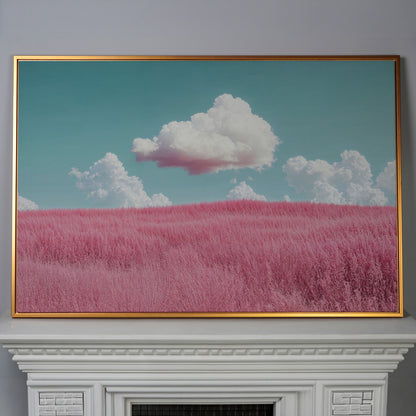 Pink Field Canvas with Pastel Teal Sky in antique gold floating frame