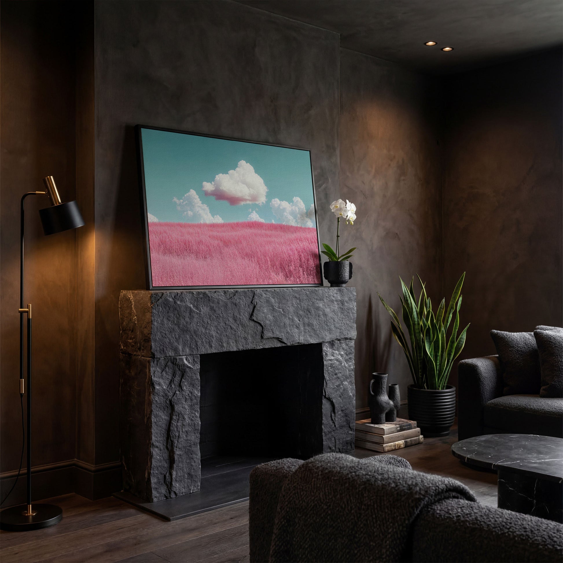 Pink Field Canvas with Pastel Teal Sky in black floating frame