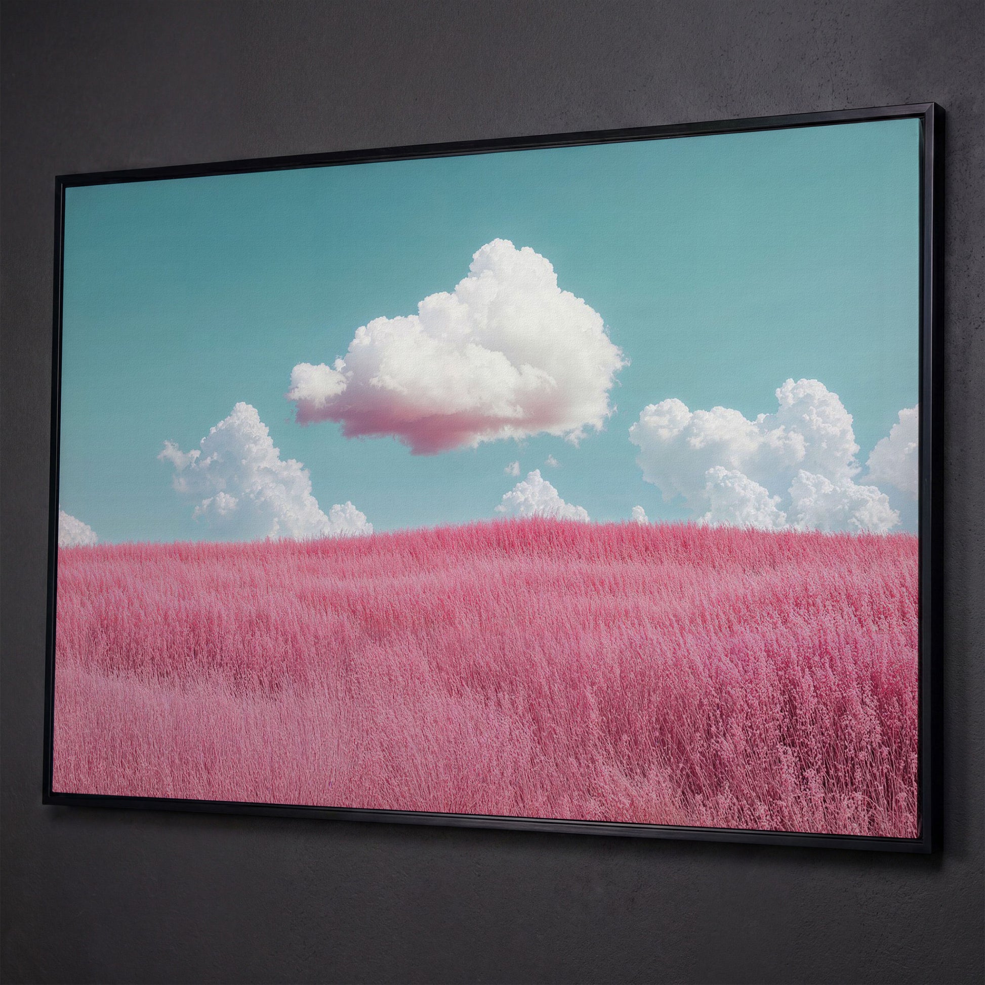 Pink Field Canvas with Pastel Teal Sky shown in black floating frame