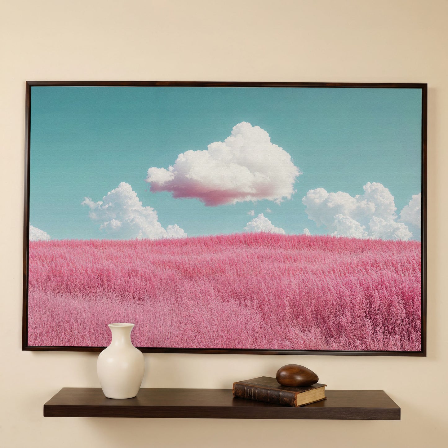 Pink Field Canvas with Pastel Teal Sky in dark walnut floating frame