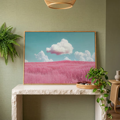 Pink Field Canvas with Pastel Teal Sky in white oak floating frame