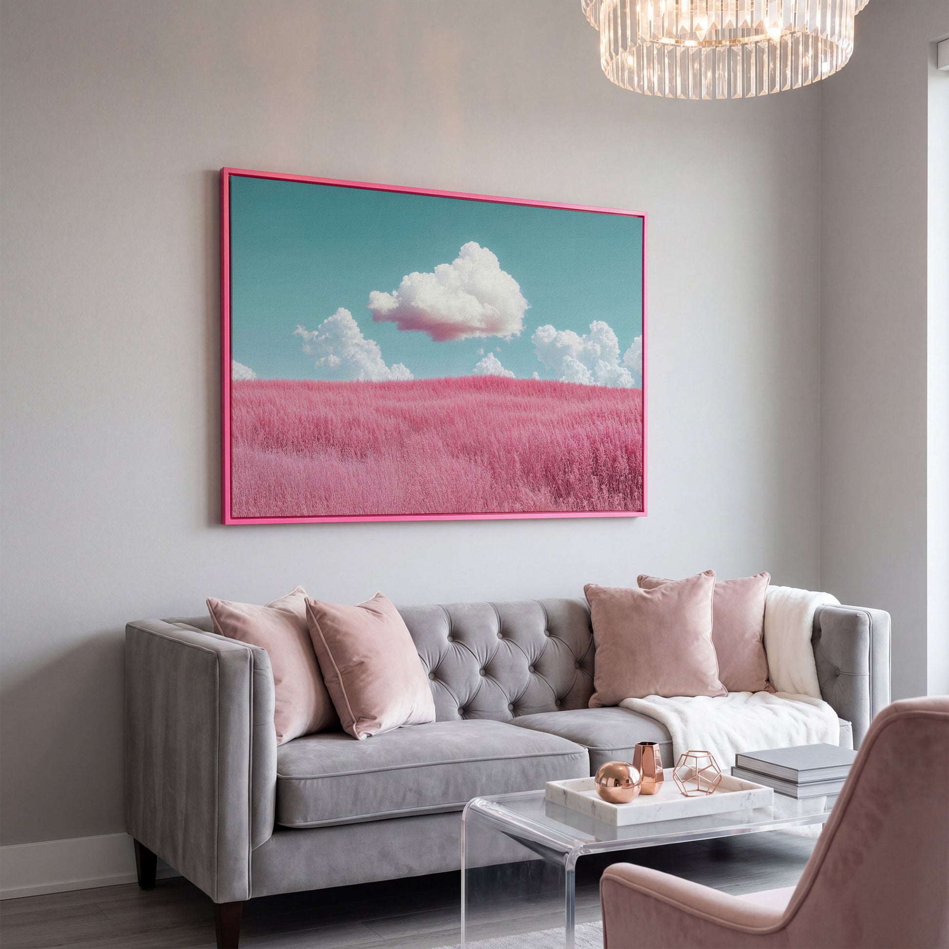 Pink Field Canvas with Pastel Teal Sky in pink floating frame
