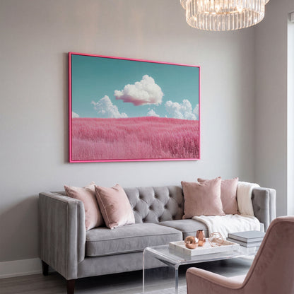 Pink Field Canvas with Pastel Teal Sky in pink floating frame