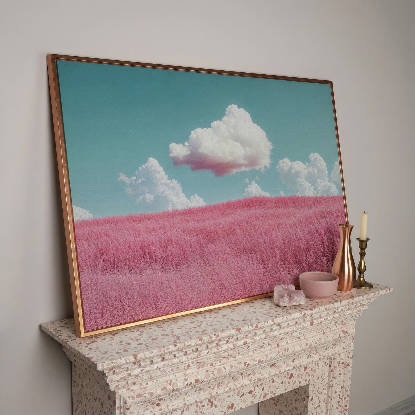 Pink Field Canvas with Pastel Teal Sky in rose gold floating frame