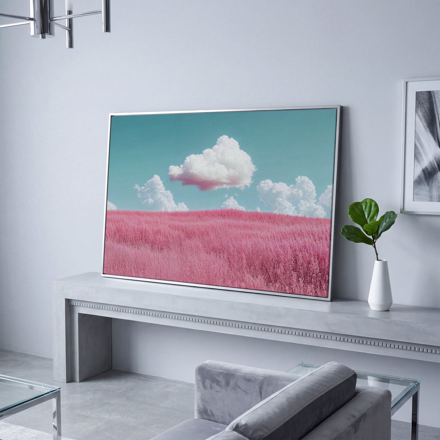Pink Field Canvas with Pastel Teal Sky in silver floating frame