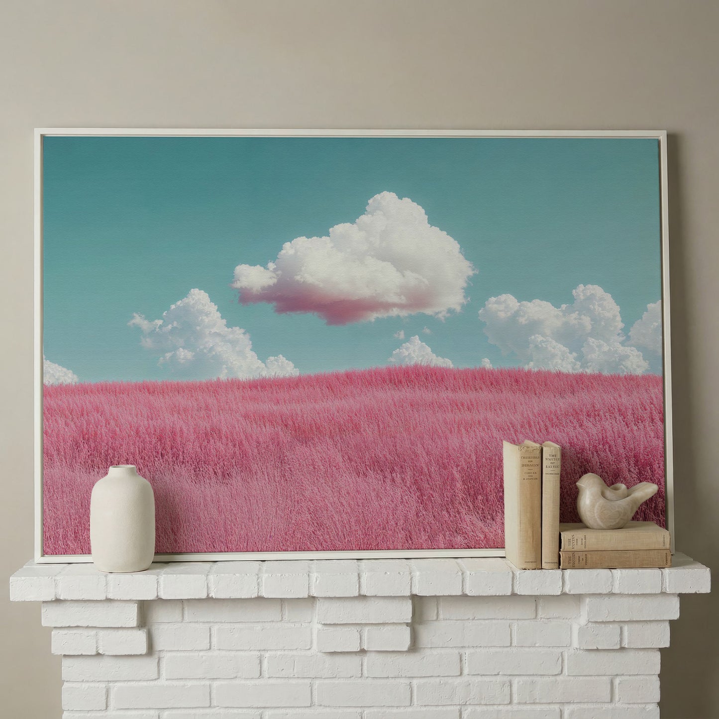 Pink Field Canvas with Pastel Teal Sky in white floating frame