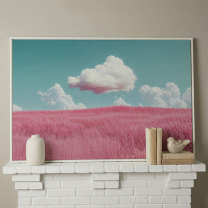 Pink Field Canvas with Pastel Teal Sky in white floating frame