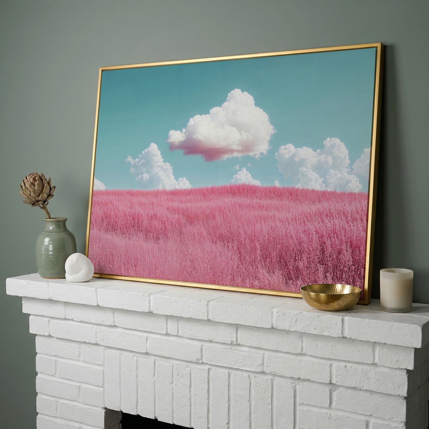 Pink Field Canvas with Pastel Teal Sky in yellow gold floating frame