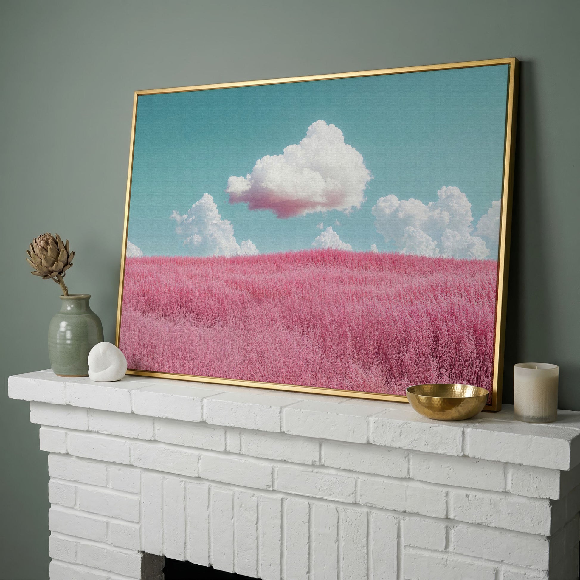 Pink Field Canvas with Pastel Teal Sky in yellow gold floating frame