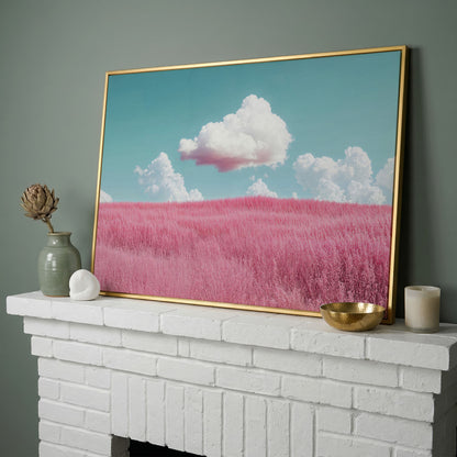 Pink Field Canvas with Pastel Teal Sky in yellow gold floating frame