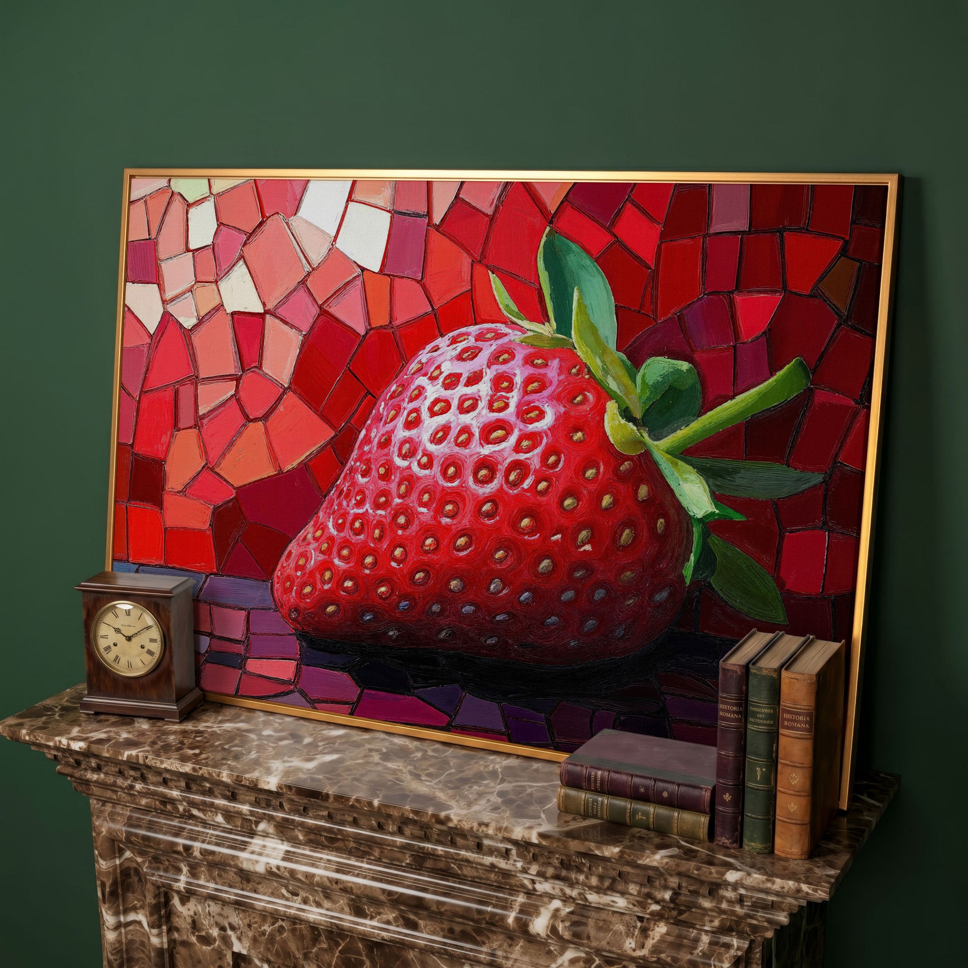 Strawberry Mosaic Canvas Print for Modern Kitchens in antique gold floating frame