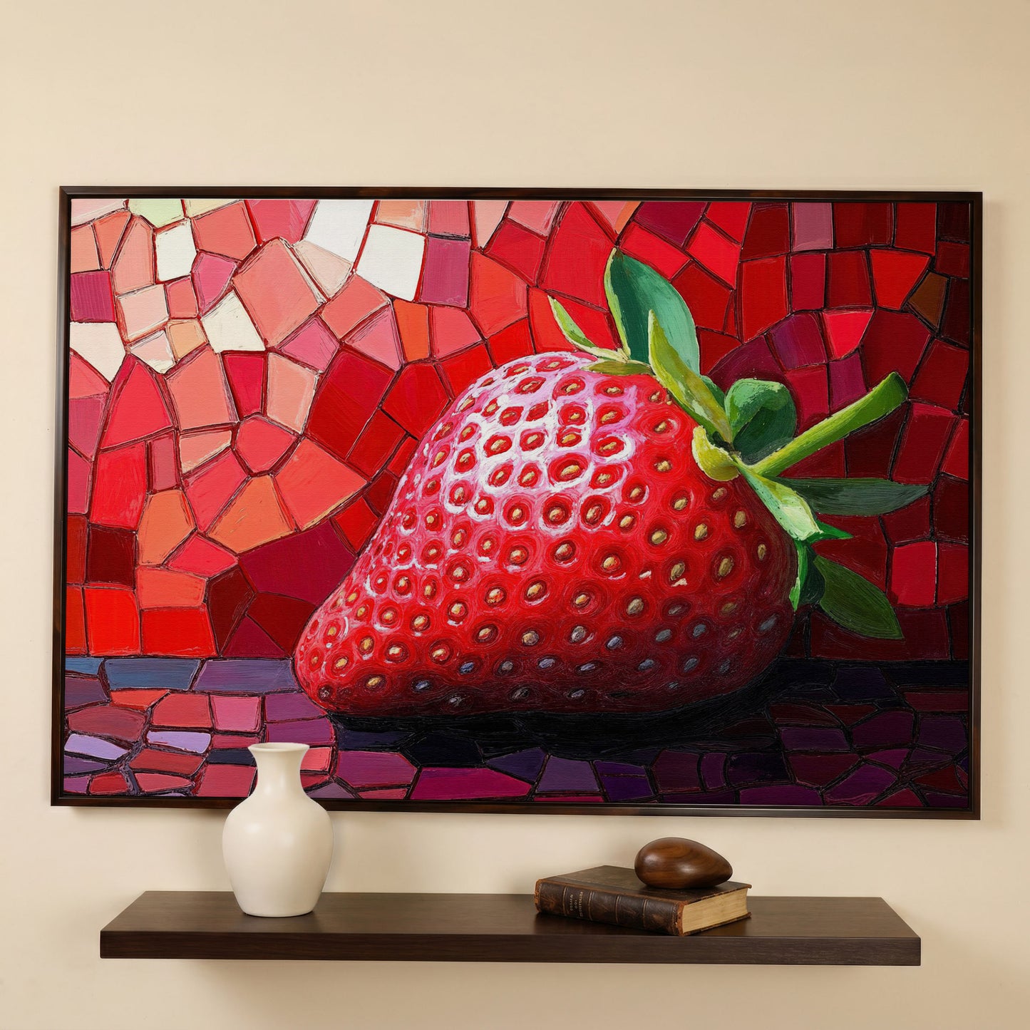 Strawberry Mosaic Canvas Print for Modern Kitchens in dark walnut floating frame