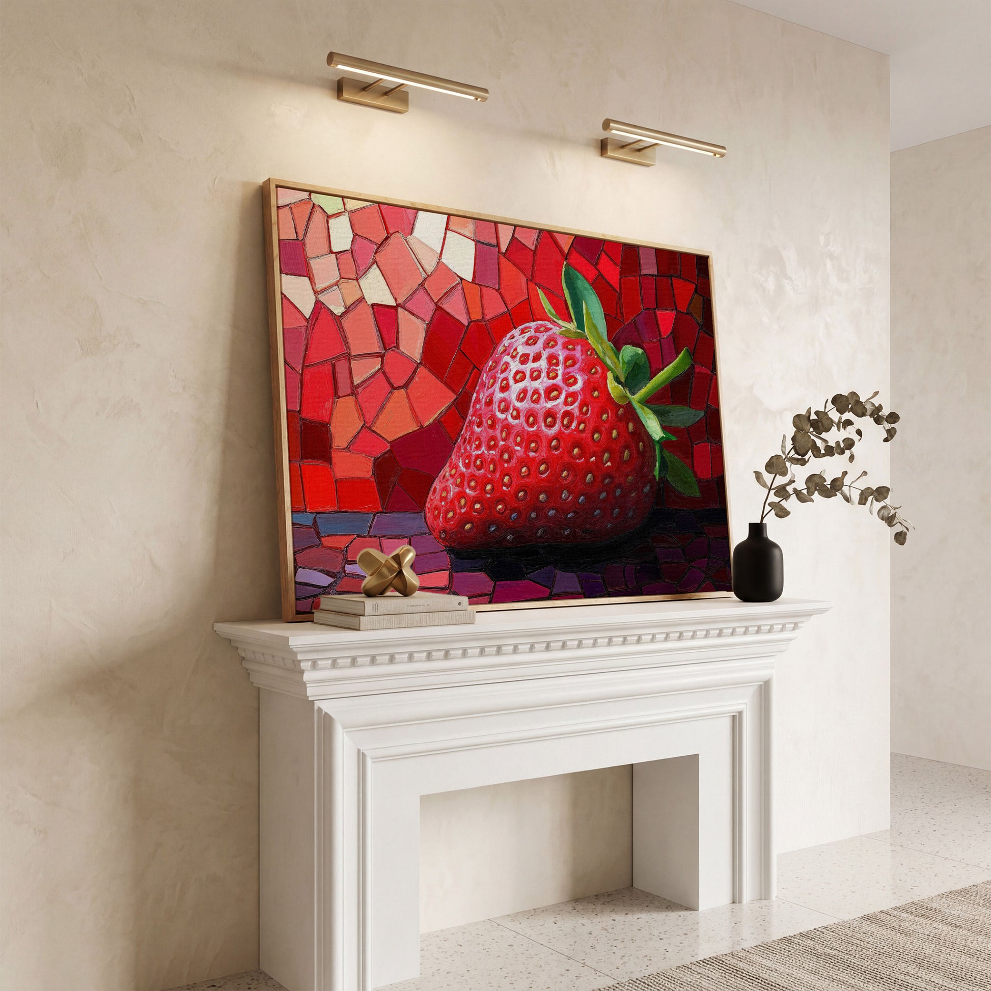 Strawberry Mosaic Canvas Print for Modern Kitchens in white oak floating frame