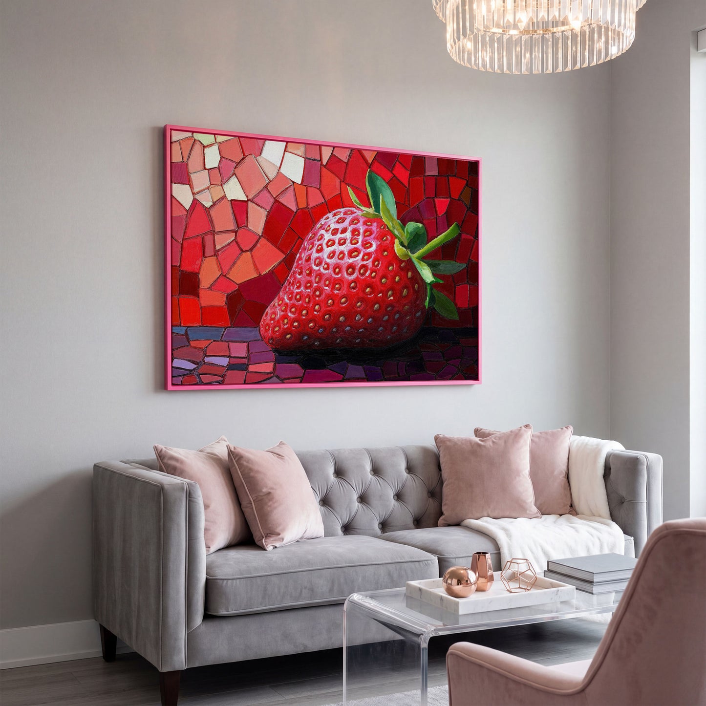 Strawberry Mosaic Canvas Print for Modern Kitchens in pink floating frame