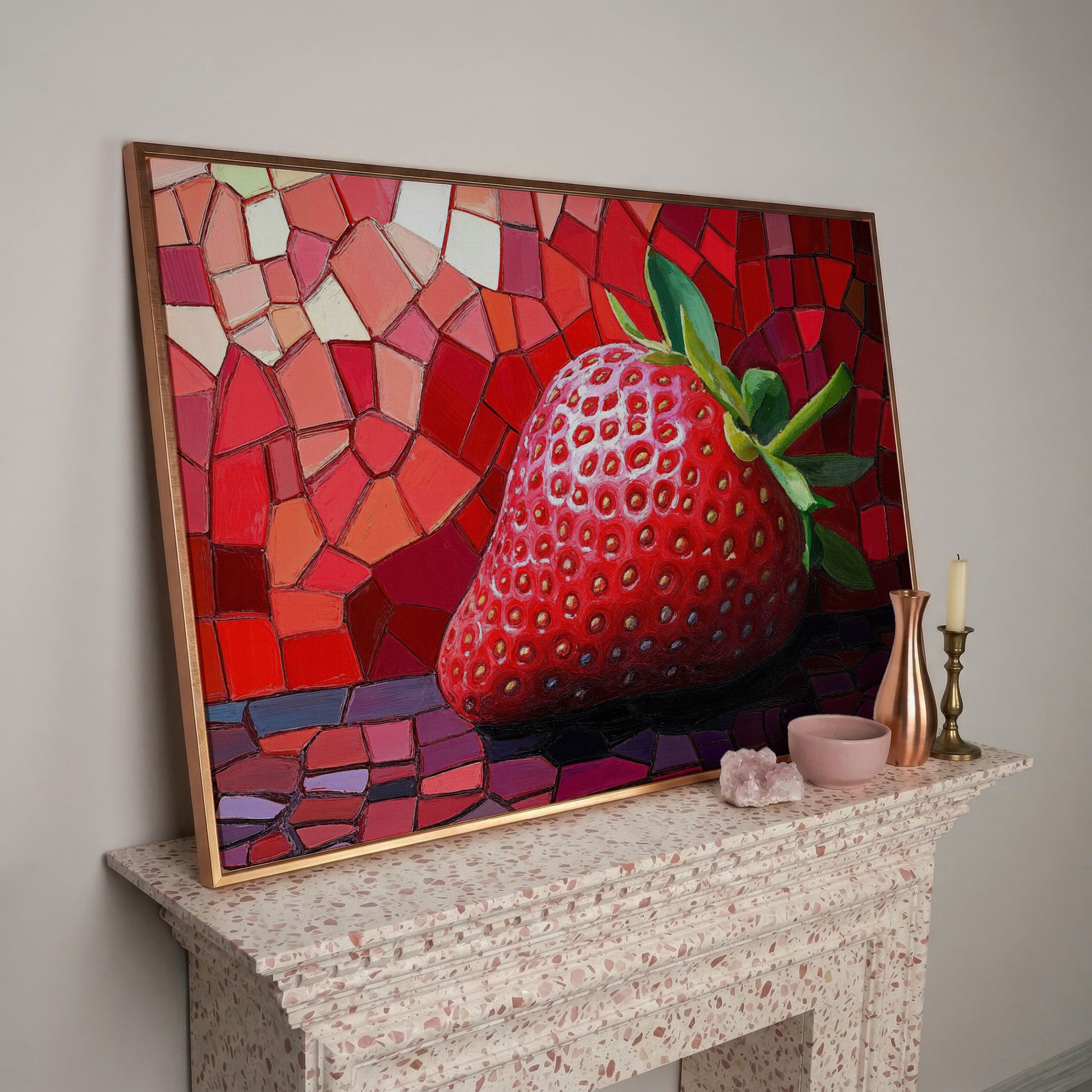 Strawberry Mosaic Canvas Print for Modern Kitchens in rose gold floating frame