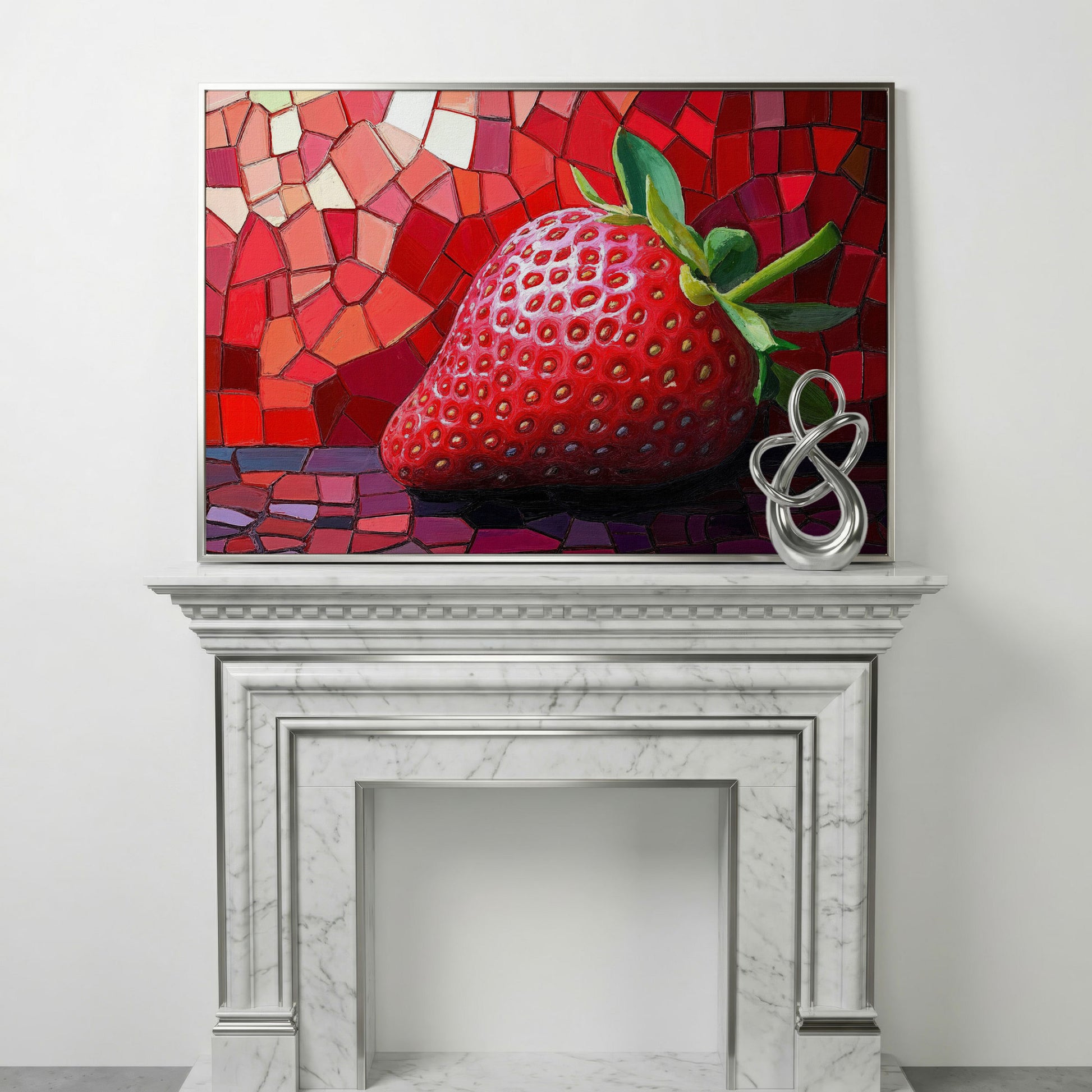 Strawberry Mosaic Canvas Print for Modern Kitchens in silver floating frame