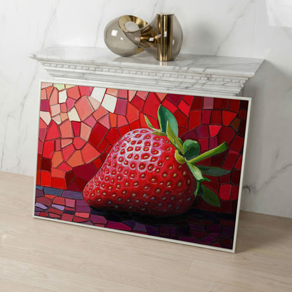 Strawberry Mosaic Canvas Print for Modern Kitchens in white floating frame