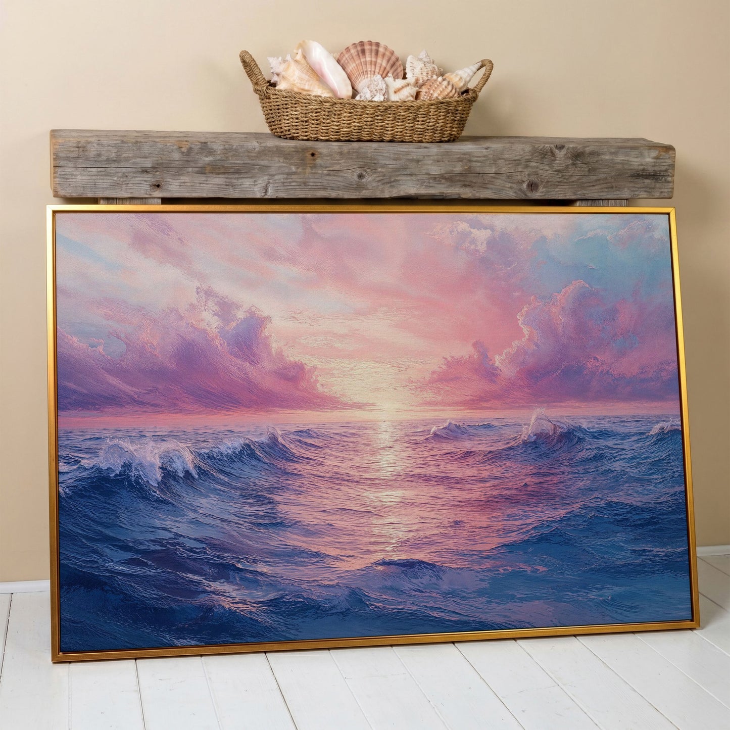 Pink Ocean Wave Seascape Canvas in antique gold floating frame