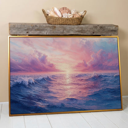 Pink Ocean Wave Seascape Canvas in antique gold floating frame