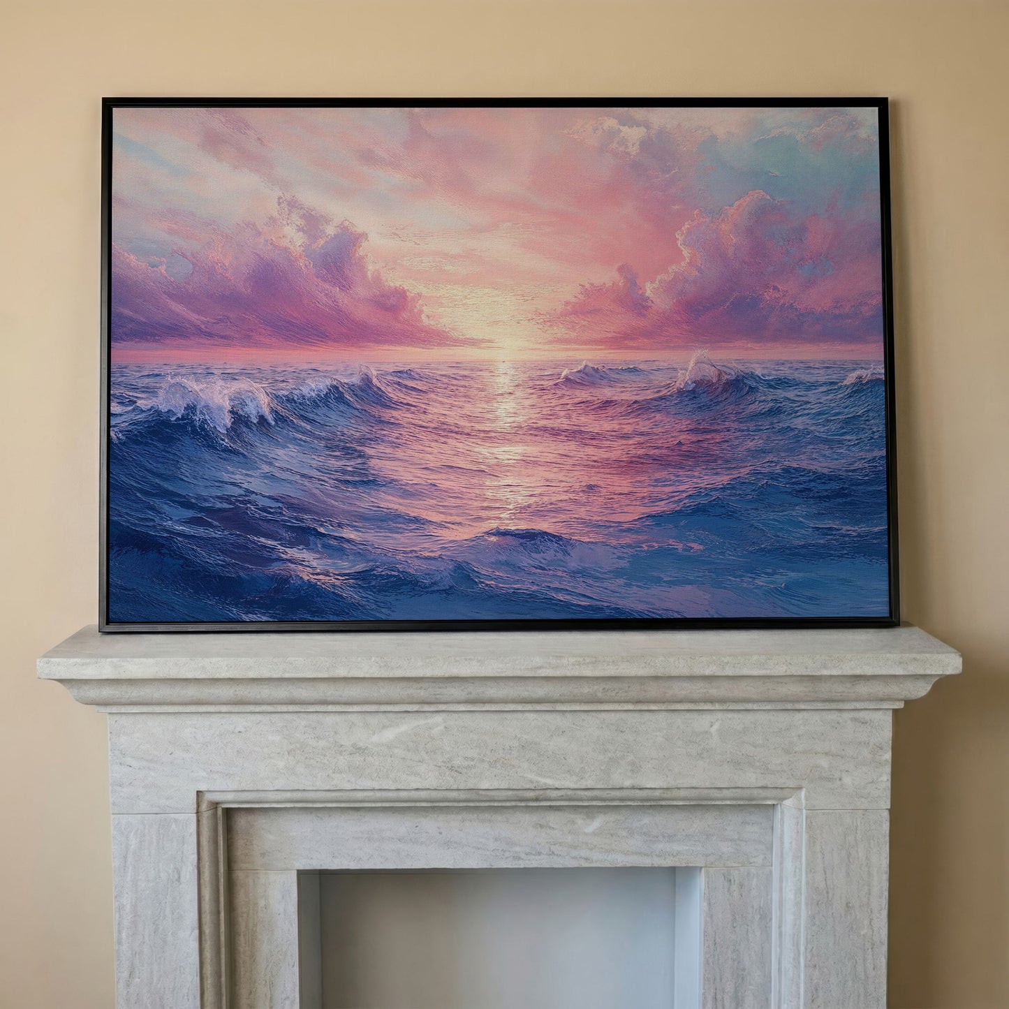Pink Ocean Wave Seascape Canvas in black floating frame