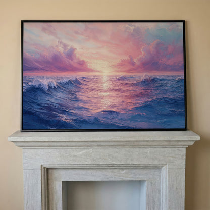 Pink Ocean Wave Seascape Canvas in black floating frame