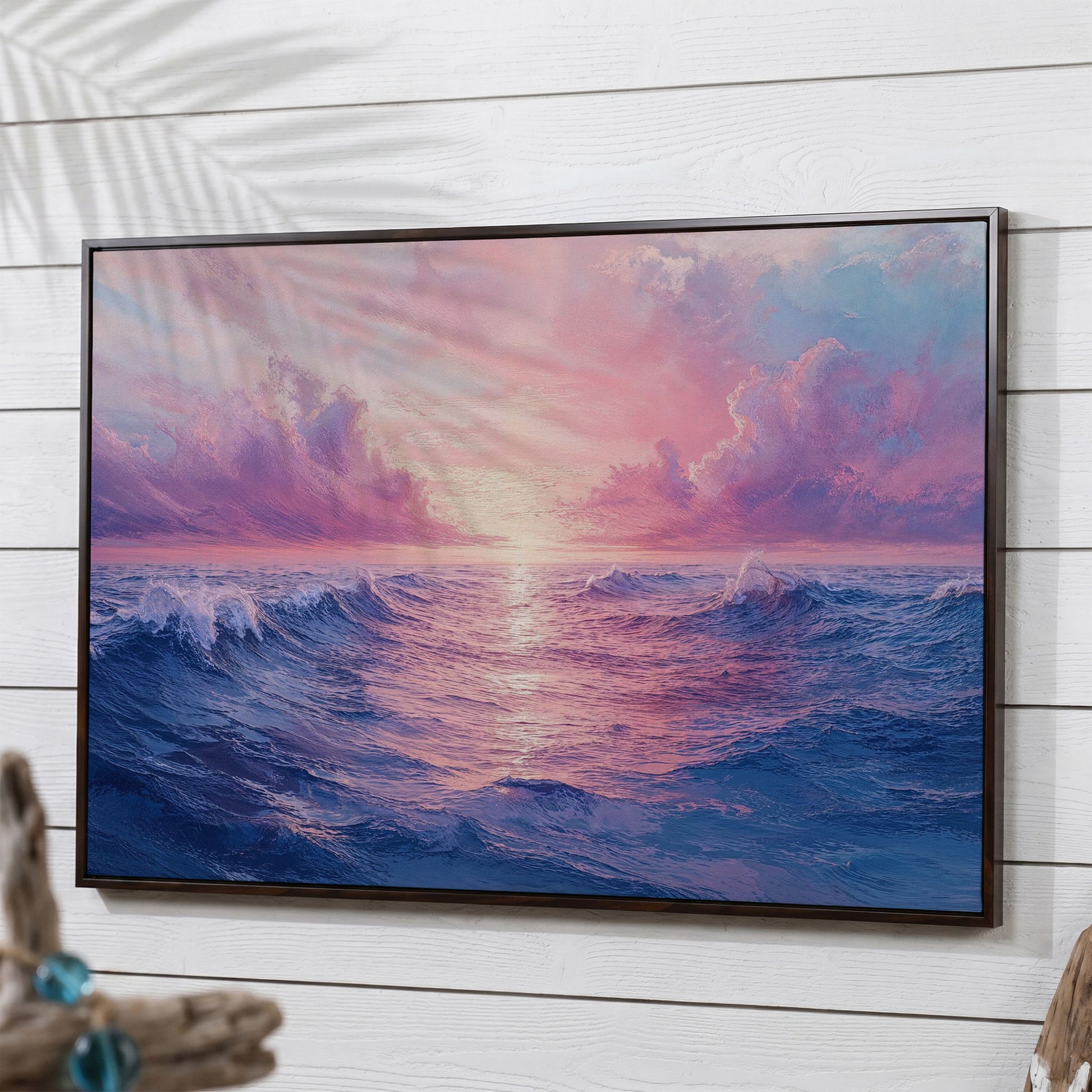 Pink Ocean Wave Seascape Canvas in dark walnut floating frame
